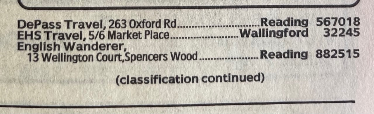 Entry from Yellow Pages showing DePass Travel, 263 Oxford Rd, Reading, 567018 ref. YP Reading 1991