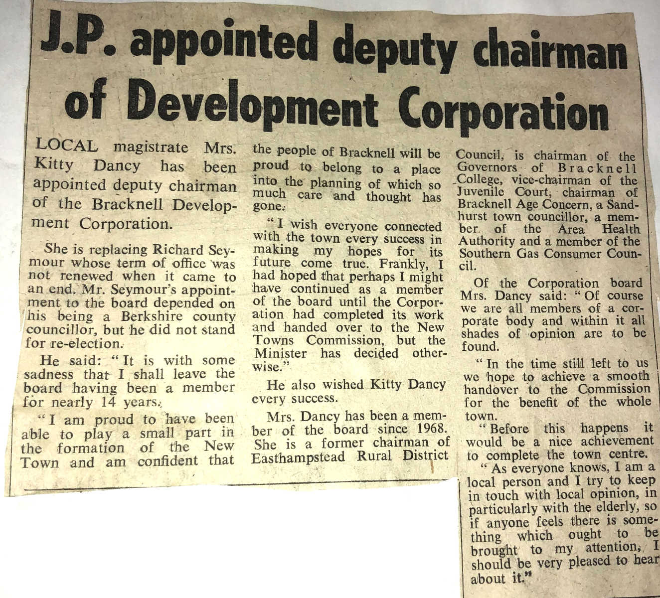 Newspaper article on the appointment of Kathleen Dancy to Deputy Chairman of the Bracknell Development Corporation. Bracknell News, 18th August 1977 ref. NTB/G/26/1/26