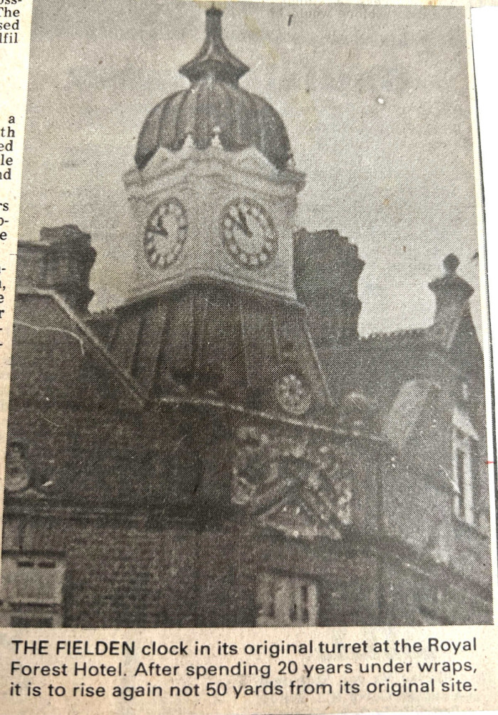 The fielden clock in its original turret at the Royal Forest Hotel, Bracknell Times, 14 Dec 1978