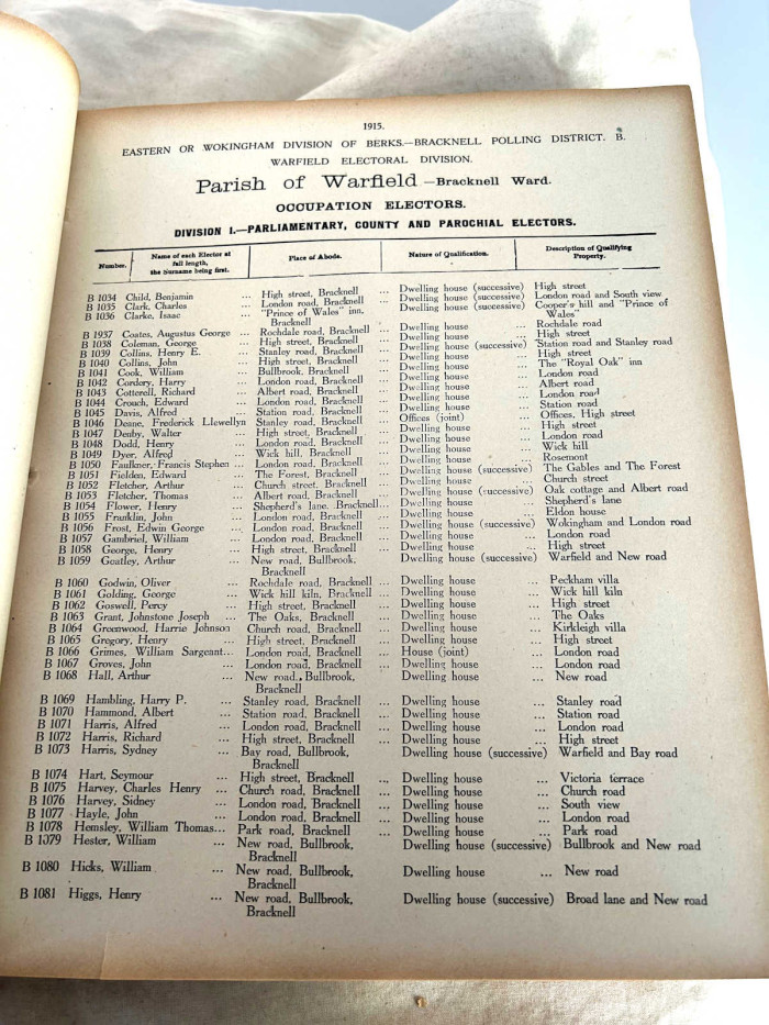 1915 Warfield Electoral Register page of entries ref. C/CL/R1/23/3