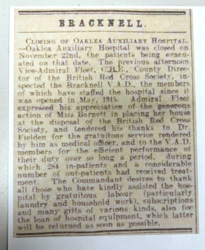 Newspaper cutting relating to the Oaklea Hospital, Reading Mercury 30 November 1918