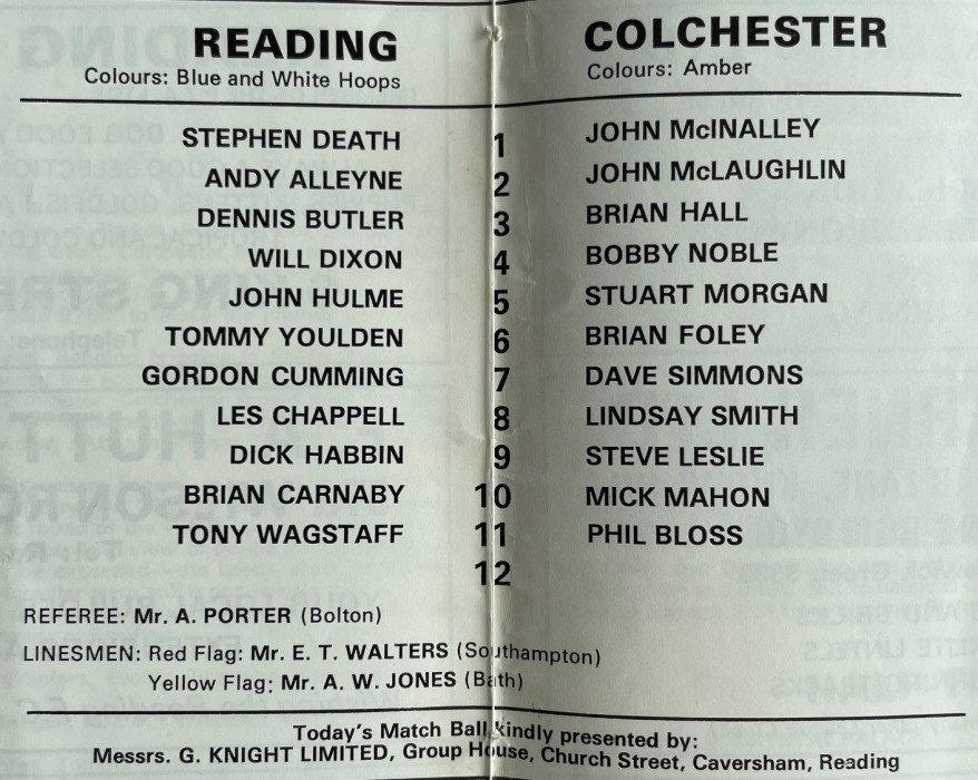 Football team listings for Reading versus Colchester, 1970s ref. D/EX2148/7/22