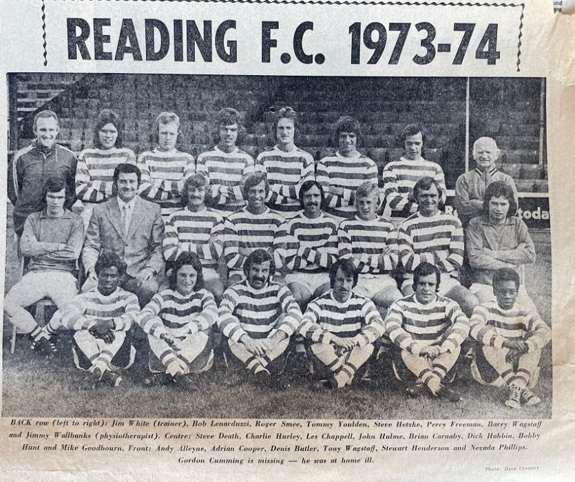 Photograph of men from Reading Football Team stood and sat in rows from the Reading Chronicle, 10 August 1973, ref. D/EX2707acc11116.14