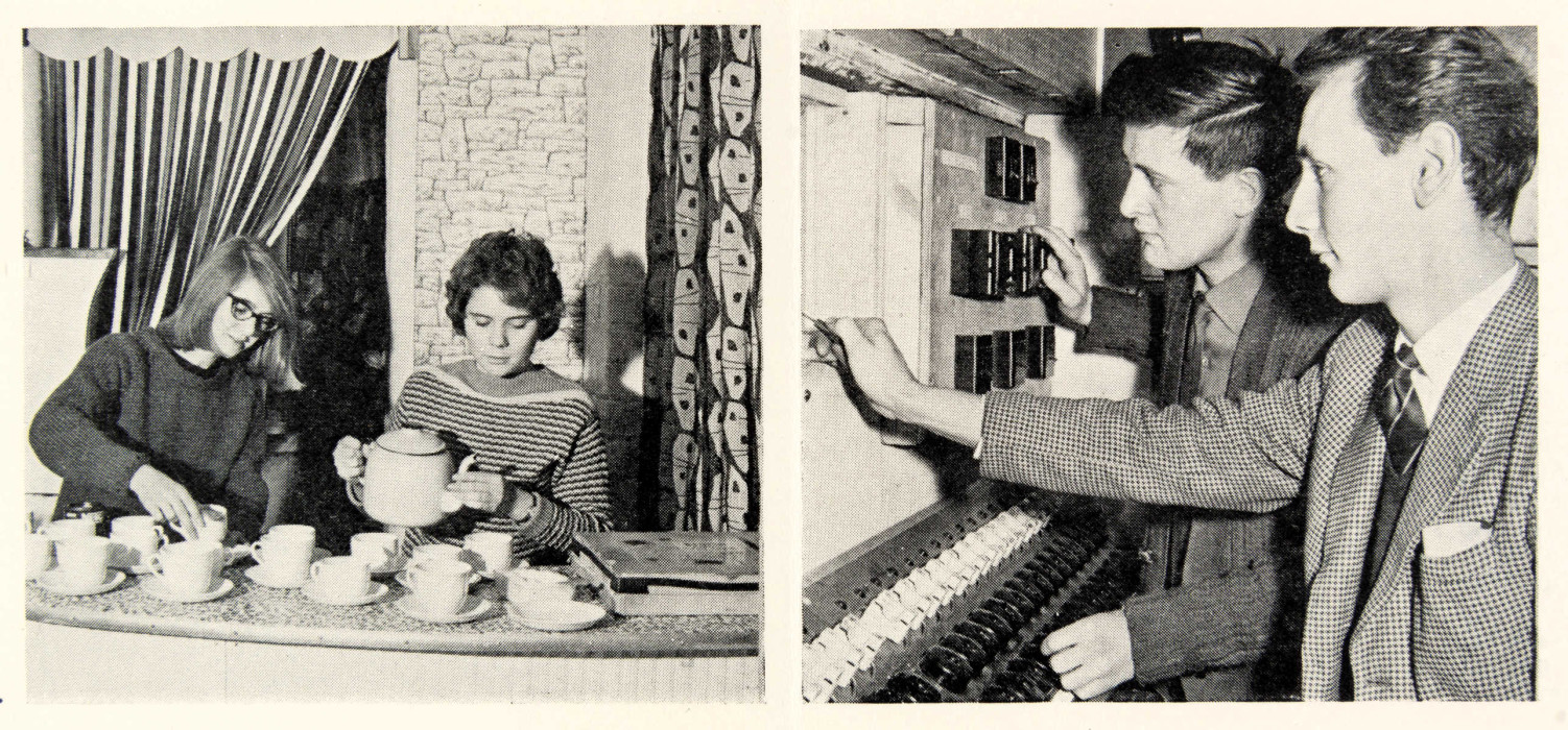 Left shows two teenage girls making tea. Right shows two teenage boys looking at switches in a board c.1950s ref. D/EX568/18/5