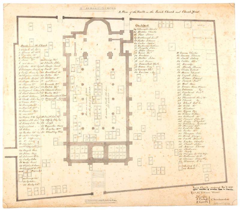 Plan showing burial vaults in the parish church and churchyard New Windsor ref. D/P149/6/32