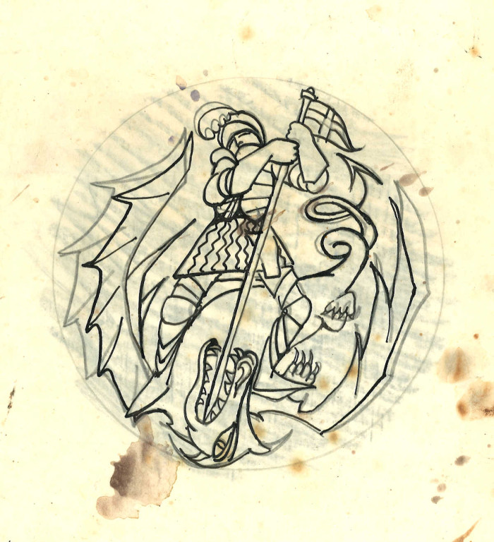 Ceramic design sketch which looks like a knight battling a dragon, ref. D/EX2422/9/3