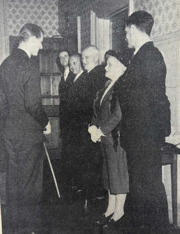 Prince Philip stands opposite people in a visit to Bracknell, Reading Mercury 22 April 1955 ref. NT/B/G26/1/4