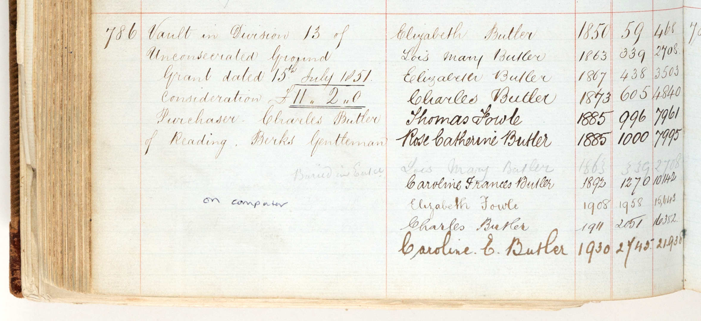 Photograph of entry 786 in Register of Graves.