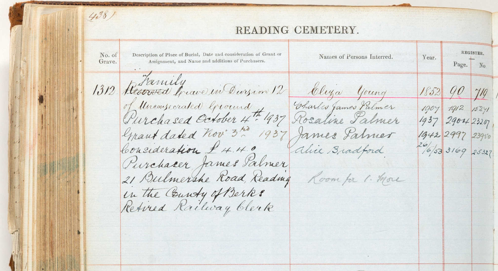 Photograph of entry 1312 in Register of Graves.