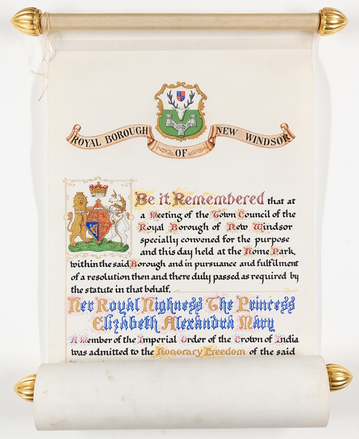 Illuminated scroll presented to HRH Princess Elizabeth [later Queen Elizabeth II] on the occasion of her being awarded the freedom of the borough of Windsor