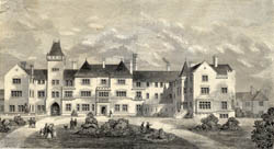 Print showing exterior of the Berkshire Asylum, By permission of Reading Local Studies Library