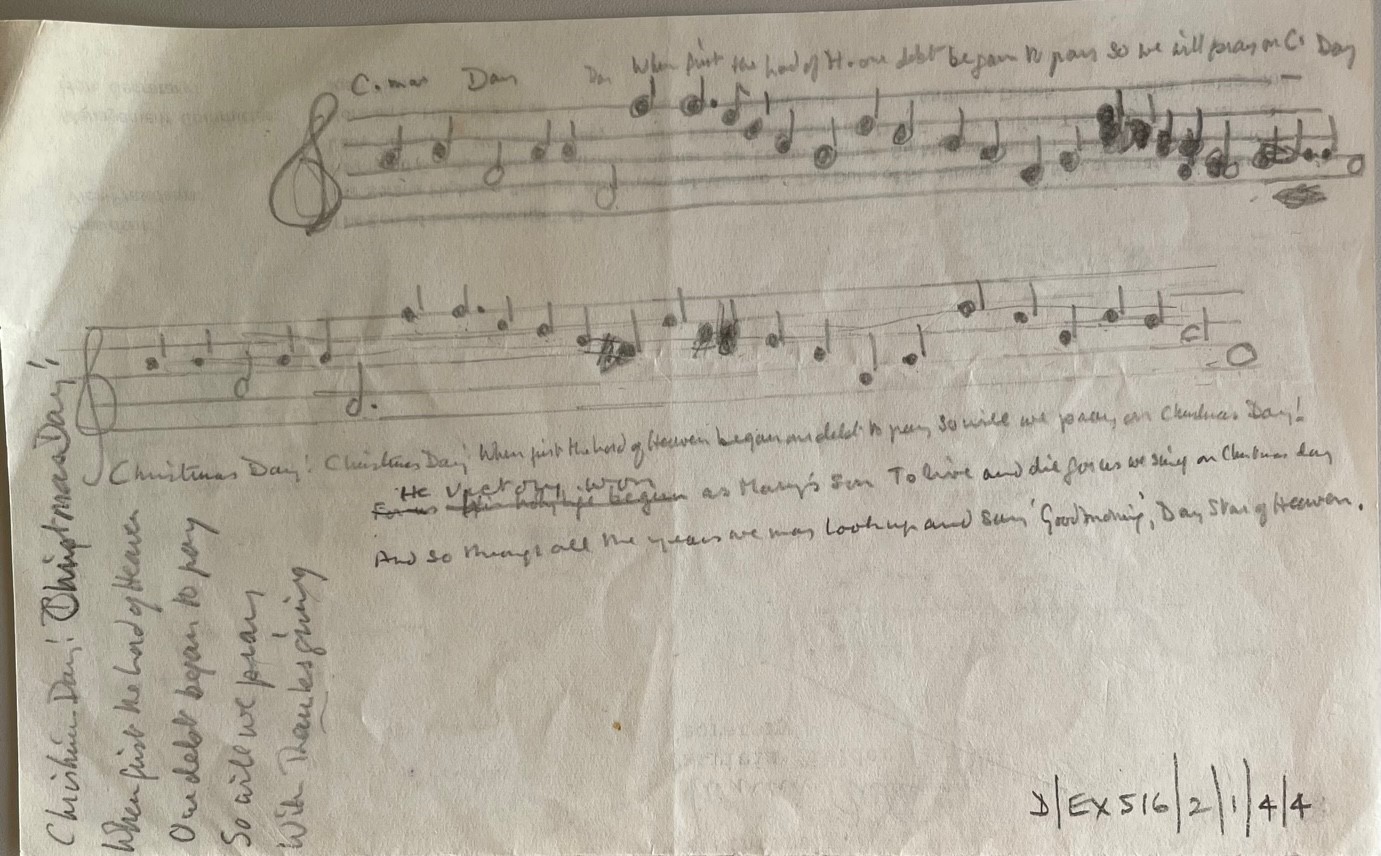 Two lines of hand-written music with words written underneath. 