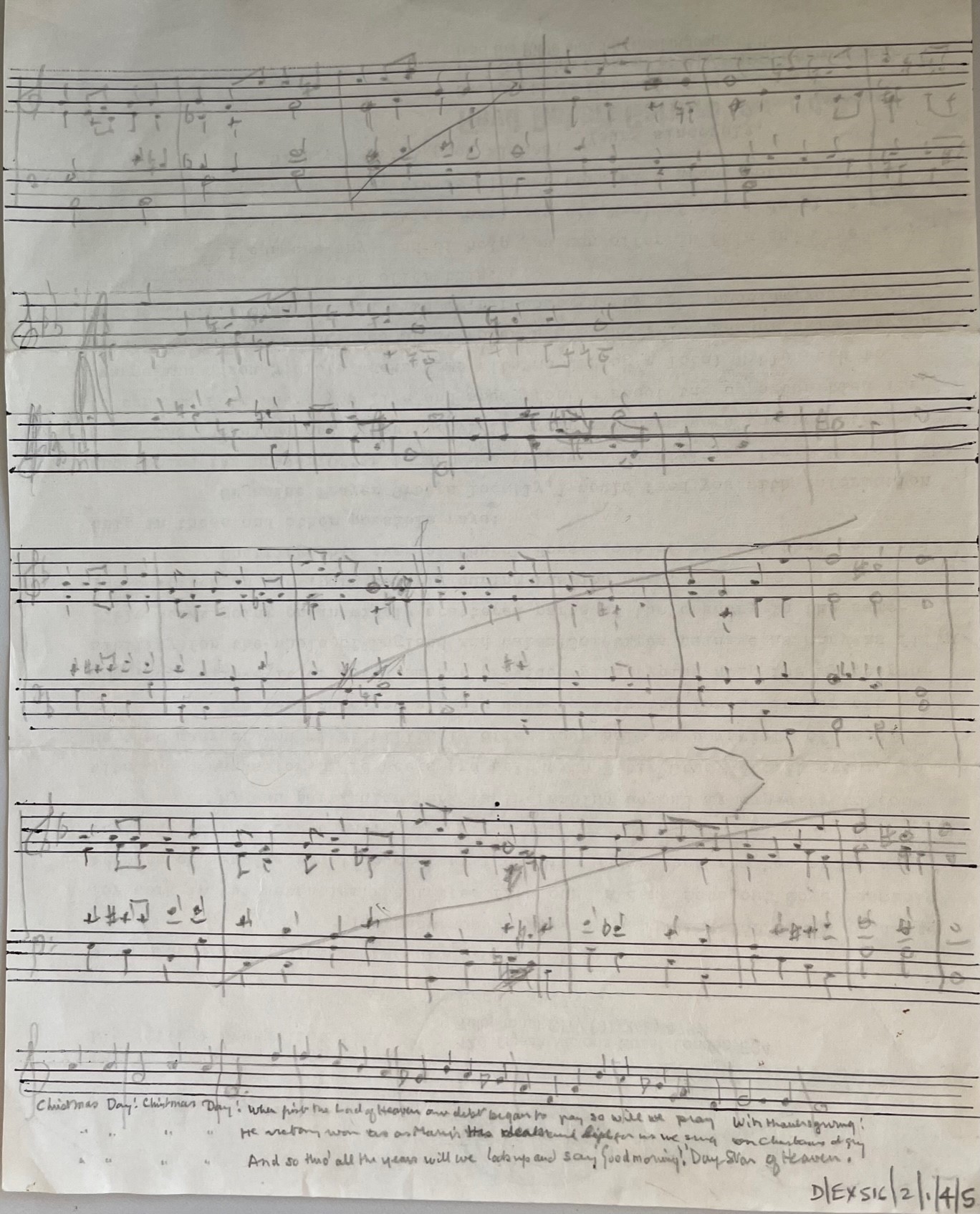 5 lines of hand-written music, some parts crossed through.