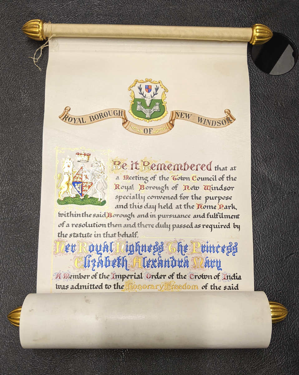 Illuminated scroll of the Freedom of the Borough of Windsor to HRH Princess Elizabeth 1947 ref. WI/RF2/5