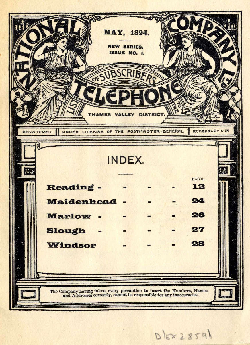 Front cover of Thames Valley Telephone Directory 1894 reference D/EX2859/1