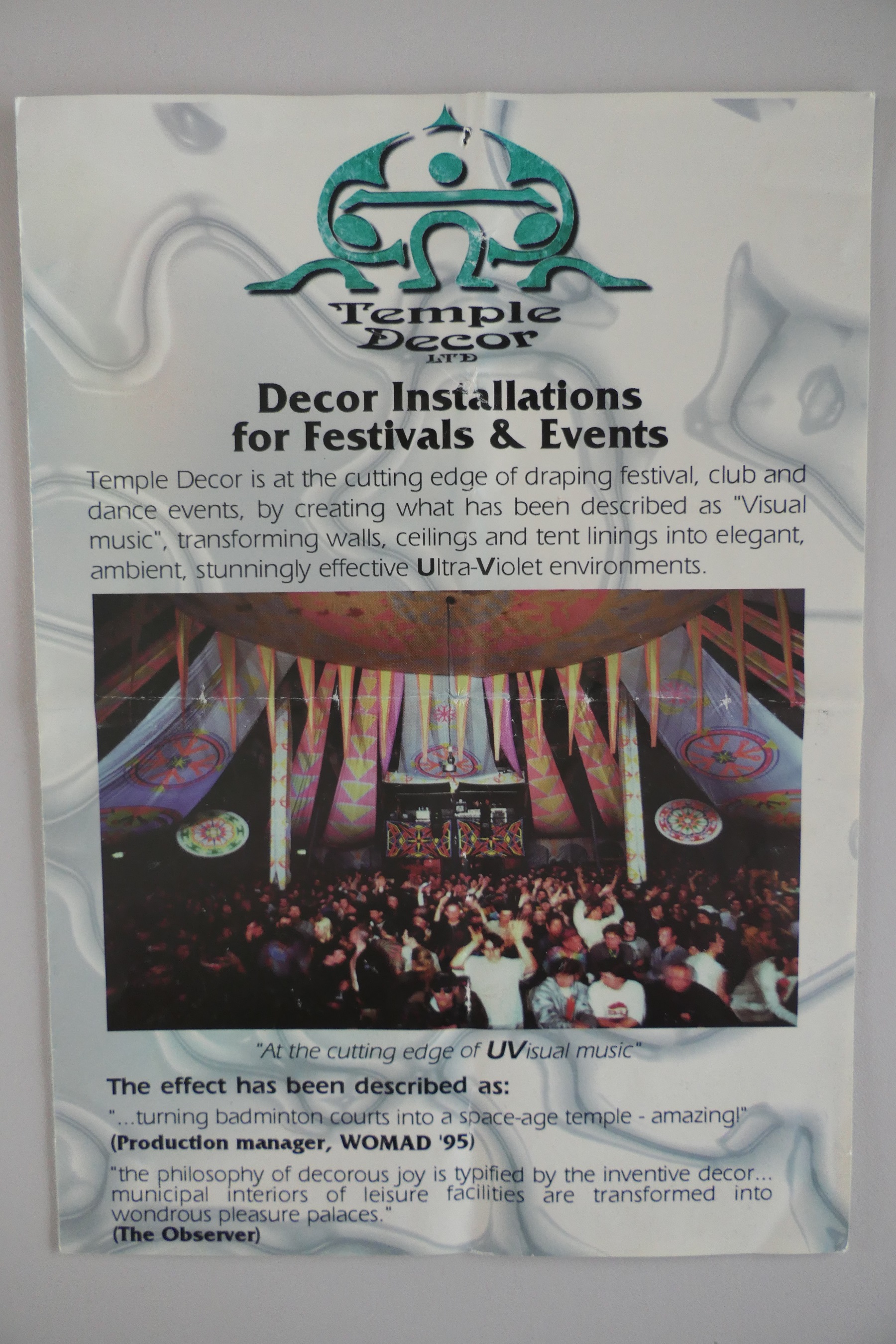 Leaflet for Temple Décor Ltd reads: Décor Installations for Festivals & Events' with image of a festival tent with drapes