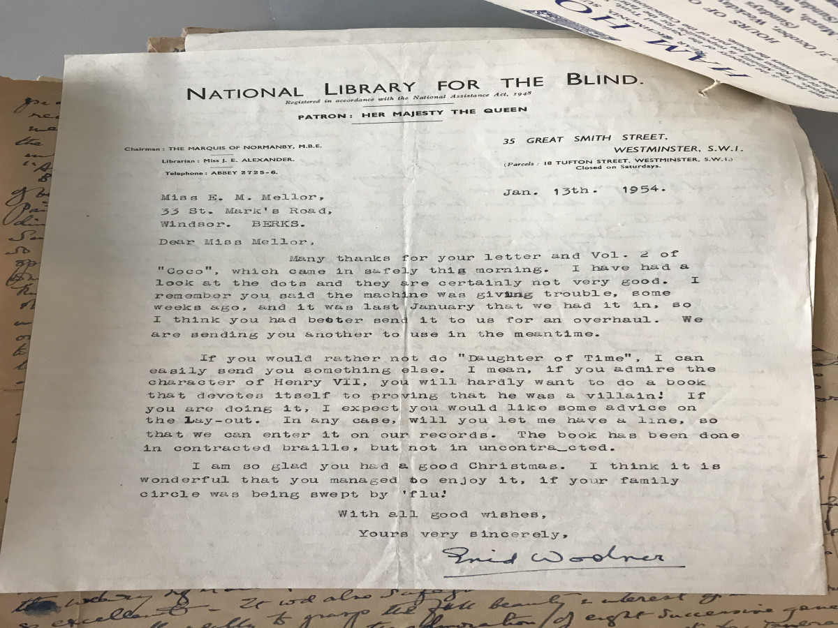Letter from The National Library for the Blind, 1954 ref. D/EX 