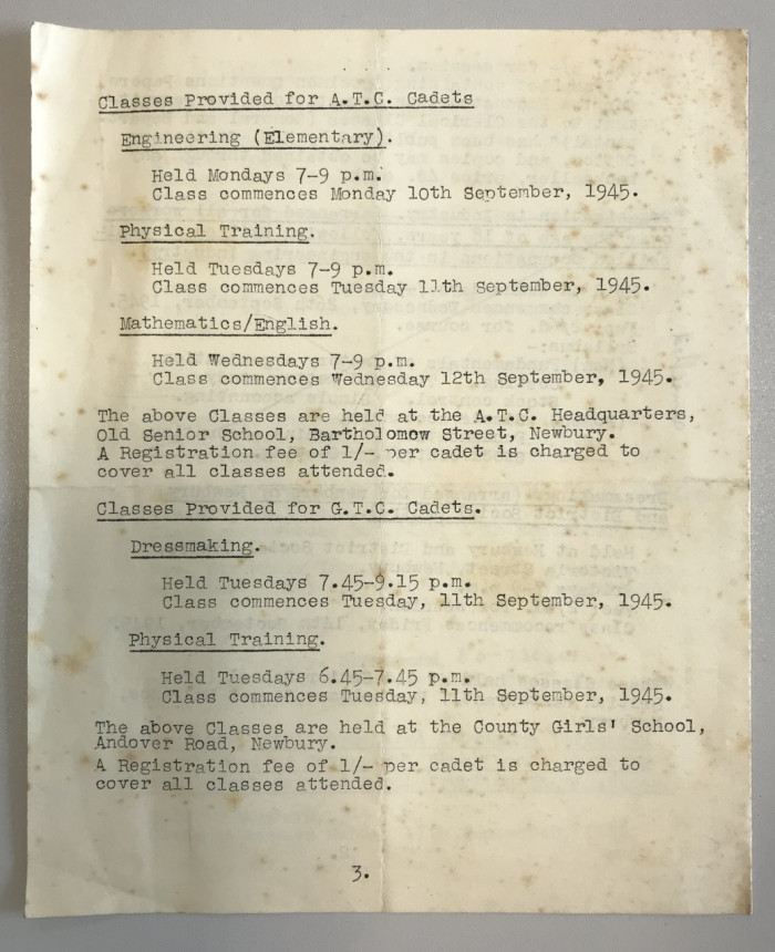 Typed programme of classes at Newbury Technical Institute ref. N/D59/4/5/3