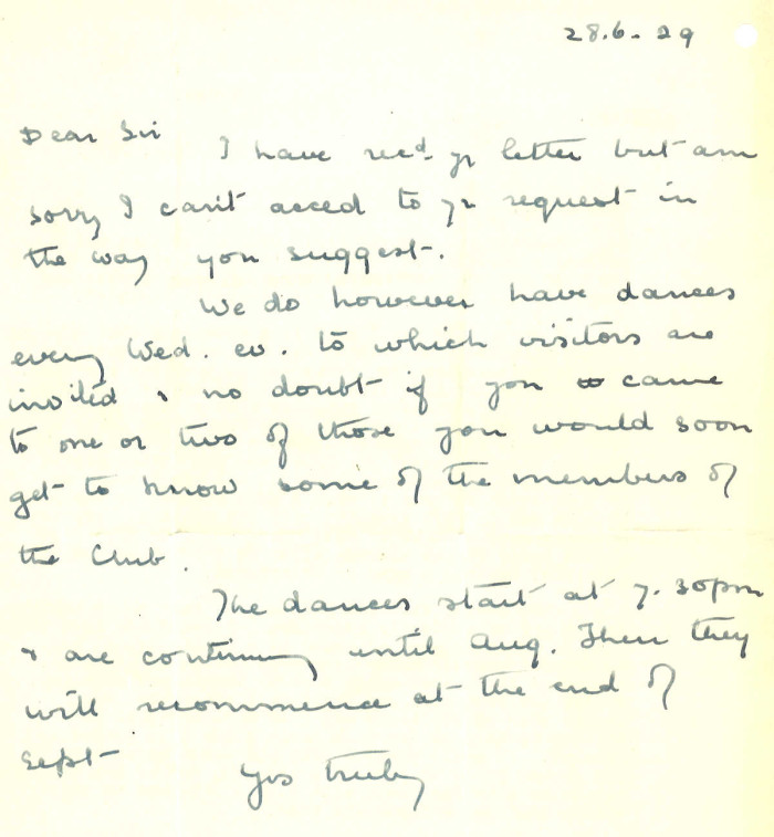 Handwritten letter in English 1929 ref. D/EX568/5/6