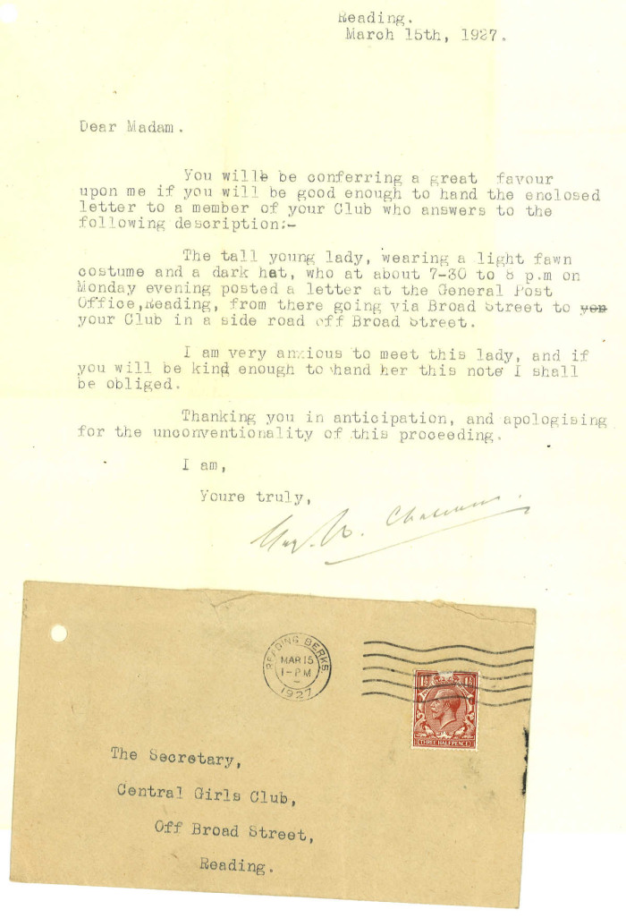 Typed letter in English with brown envelope to the Secretary of Reading Central Girls Club, 1927 ref. D/EX568/5/6