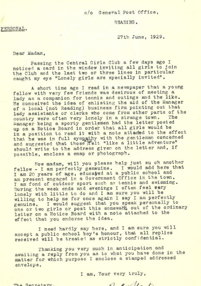 Typed letter in English to the Secretary of the Reading Central Girls Club 1929 ref. D.EX568/5/6
