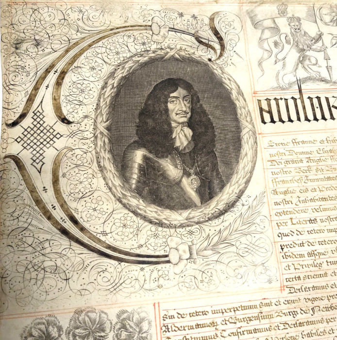 Close up of portrait initial C of Charles II in black and white 1664 reference N/IC1/3