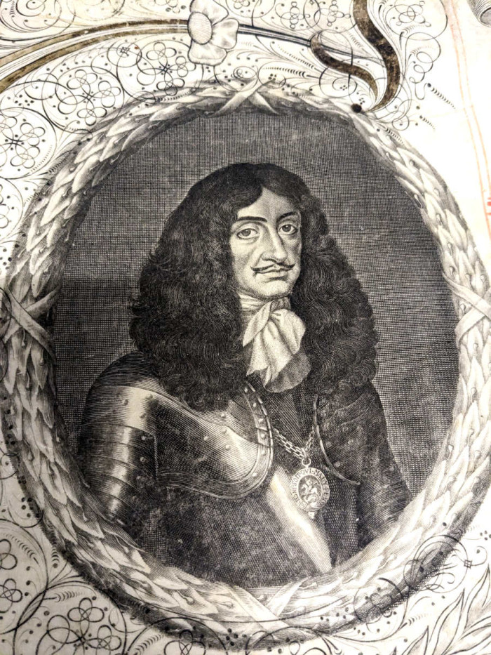 Close up of drawing of Charles II in armour with long curly hair from Newbury Charter 1664 reference N/IC1/3