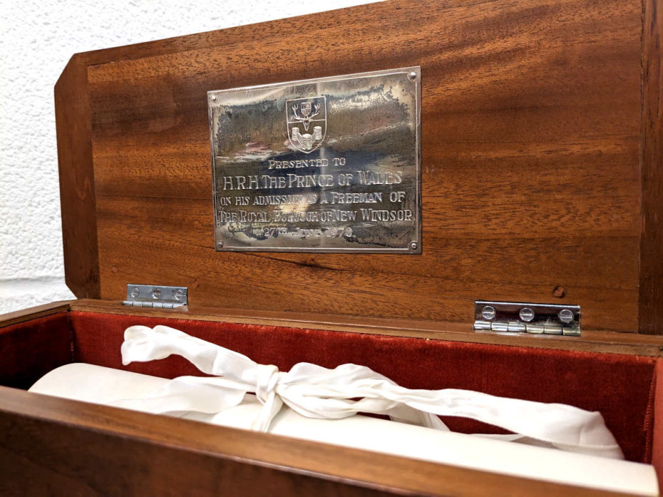 Inside the box with silver plaque that holds the 1970 Freedom of the Borough of Windsor scroll ref. WI/FR2/6