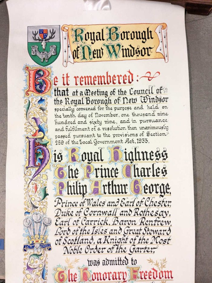 Colourful writing on the Freedom of the Borough of Windsor Scroll 1970 ref. WI/FR2/6