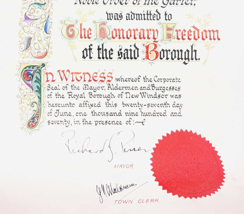 Colourful writing on the Freedom of the Borough of Windsor Scroll 1970 reference WI/FR2/6