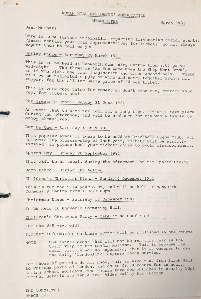 Typewritten page of the Roman Hill Residents Association Newsletter, 1981 ref. D.EX2677/2/1