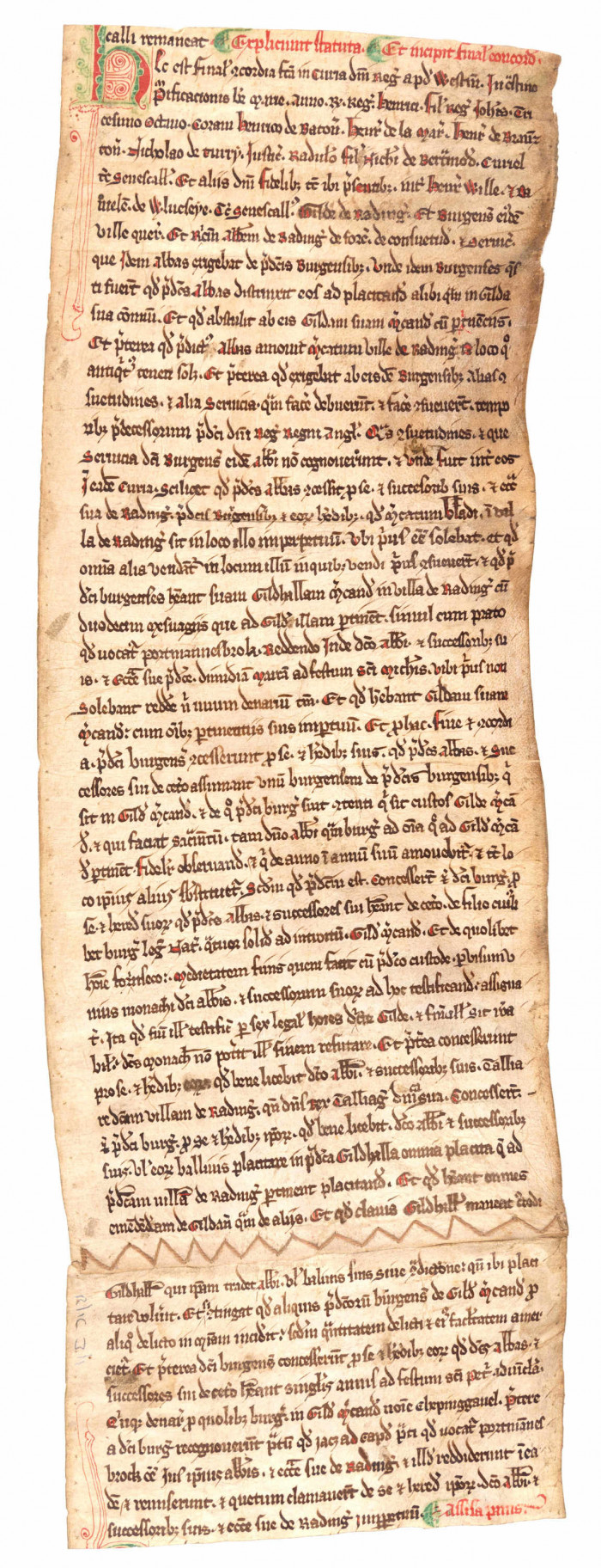 Long, thin document with handwritten Latin text from 1254.