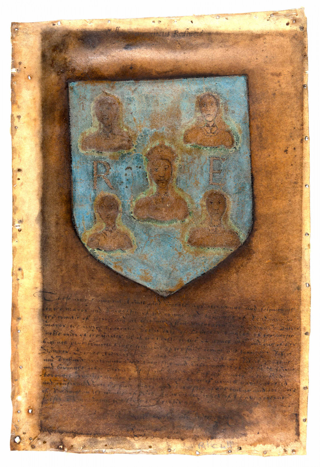 Grant of arms showing five heads from 1566. Image is discoloured with varnish.
